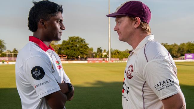 Waratah captain Jaga Koduru and Palmerston captain Hamish Martin ahead of the 2024 Darwin Cricket grand final. Picture: Pema Tamang Pakhrin