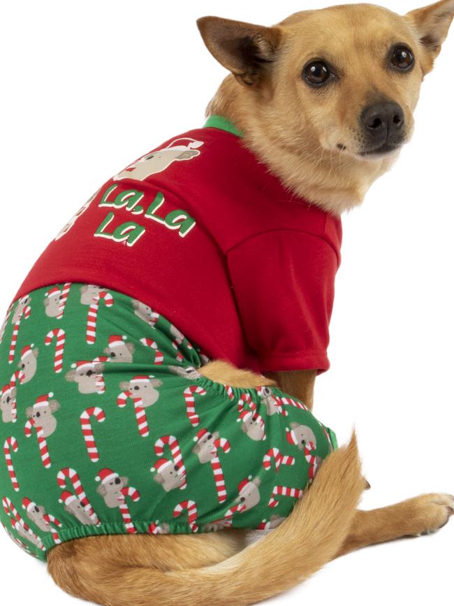 <a href="http://www.petbarn.com.au/holiday-tails-koala-la-la-la-pet-pyjamas-red" target="_blank">Holiday Tails Pet Pyjamas.</a>