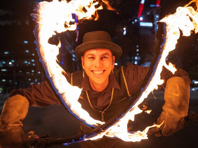 MELBOURNE, JUNE 6, 2023: City of Melbourne Firelight Festival - Dave the Fire Guy. Picture: Mark Stewart