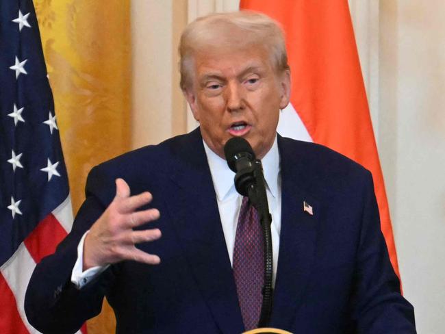 US President Donald Trump speaks during a press conference with Indian Prime Minister Narendra Modi in the East Room of the White House in Washington, DC, on February 13, 2025. (Photo by Jim WATSON / AFP)