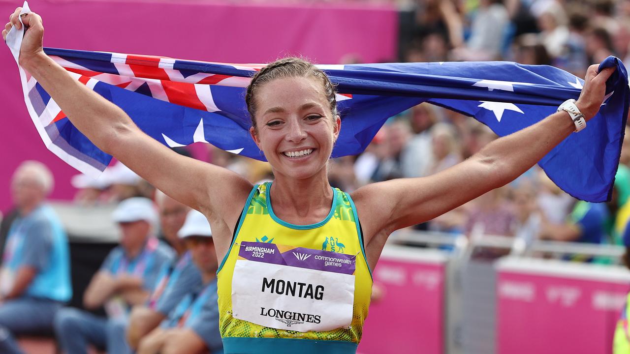 Jemima Montag with the Australian flag after winning gold. Picture: Michael Klein