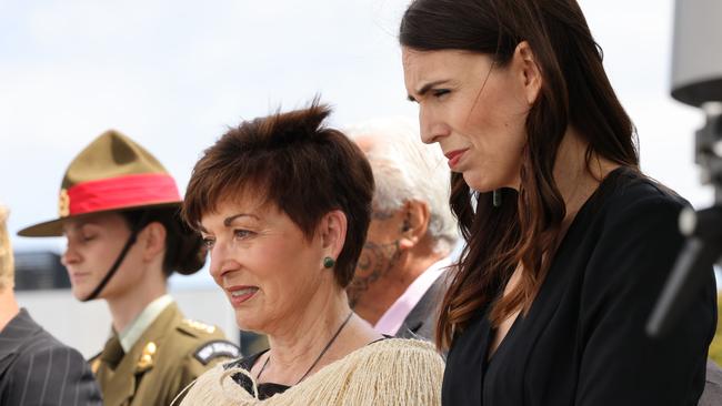 Governor-General Patsy Reddy and Jacinda Ardern pay their respects at the memorial in Christchurch on Monday. Picture: Getty Images.