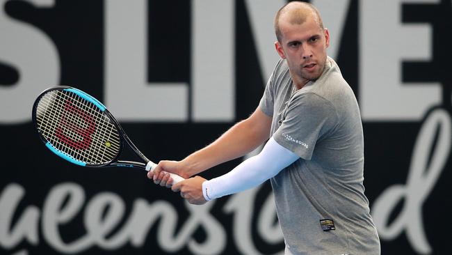 Gilles Muller hits up at the Pat Rafter Arena ahead of the Brisbane International.