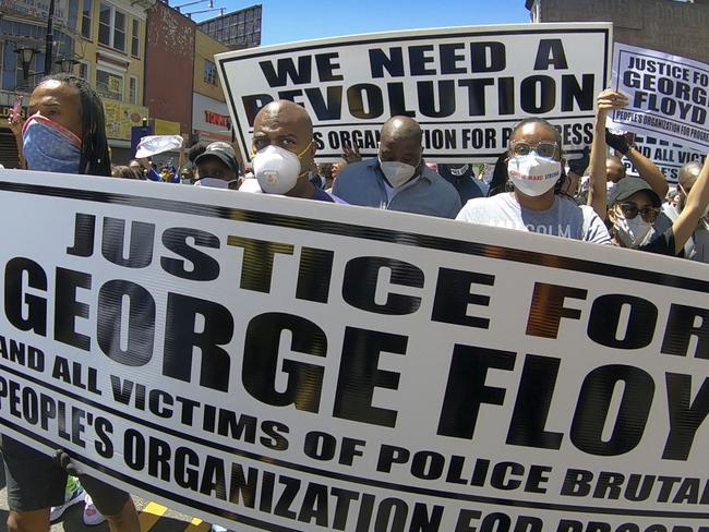 A rally and march by the People's Organisation Progress is held to protest the death of George Floyd in Newark, New Jersey. Picture: AP