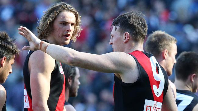 Joe Daniher and Brendon Goddard talk during an Essendon match in 2014. Picture: George Salpigtidis