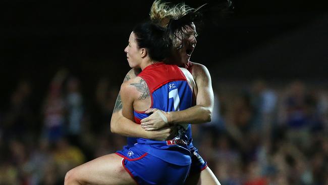 Deanna Berry celebrates the winning goal on Saturday night. Picture: AAP Image