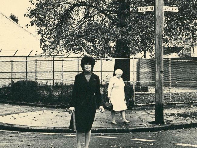 A historical photograph of Clover Moore in front of the park at the corner of Kepos and Zamia streets in Redfern.