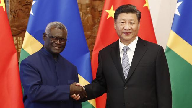 Solomon Islands Prime Minister Manasseh Sogavare with Chinese President Xi Jinping in Beijing in 2019. Picture: Getty Images