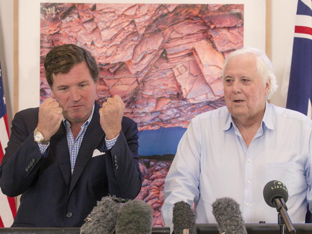 Clive Palmer with conservative US media figure Tucker Carlson at the Australian Freedom Conference last year. Picture: NewsWire / Glenn Campbell