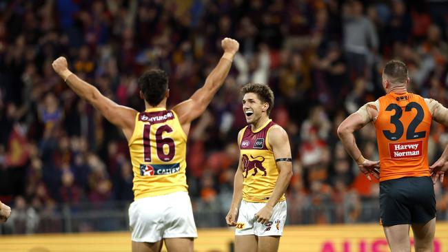 Brisbane's Zac Bailey celebrates a goal with Cameron Rayner during the AFL Semi Final match between the GWS Giants and Brisbane Lions at Engie Stadium on September 14, 2024. Photo by Phil Hillyard(Image Supplied for Editorial Use only - **NO ON SALES** - Â©Phil Hillyard )