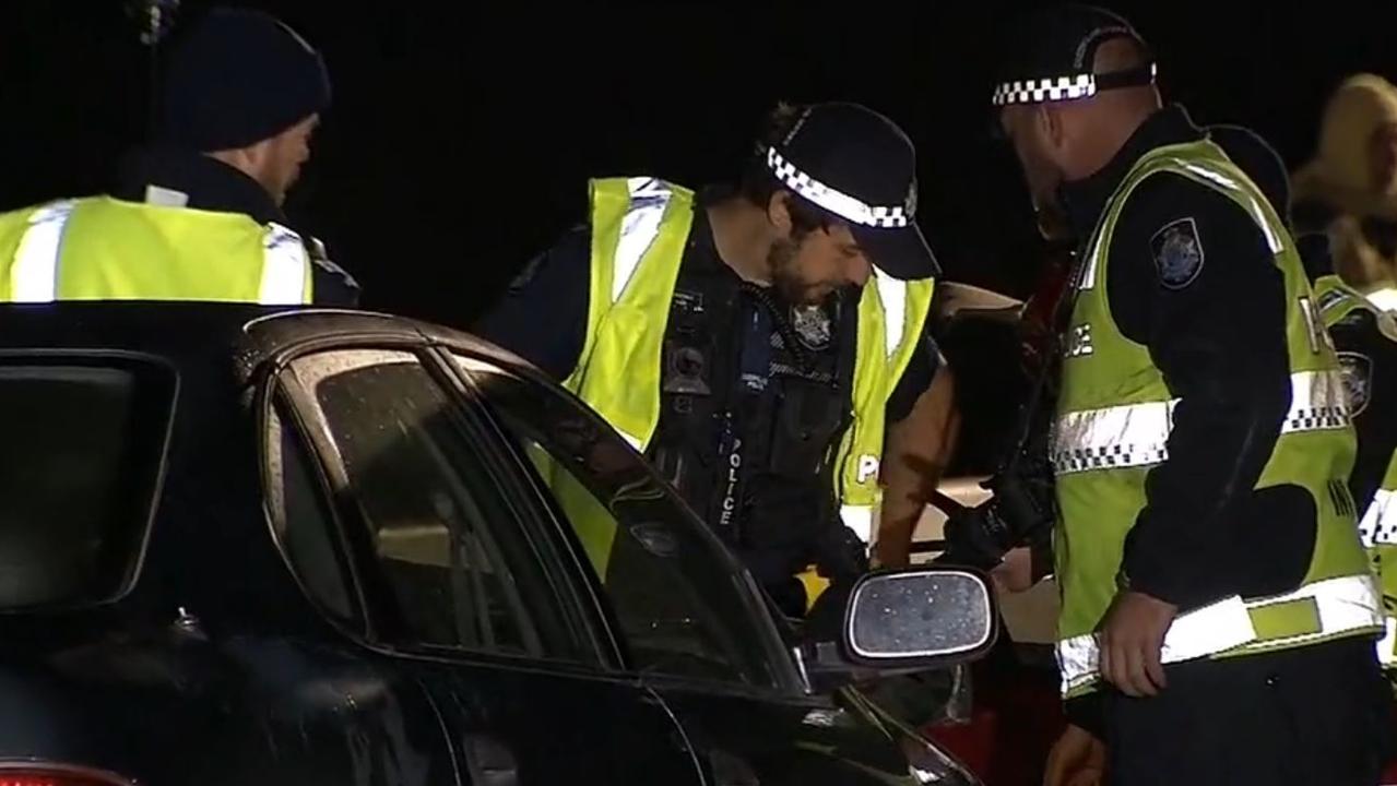 Police at the scene after a passenger was killed in a horror crash west of Brisbane after collision on the Warrego Highway at Gatton. Picture: Channel 9