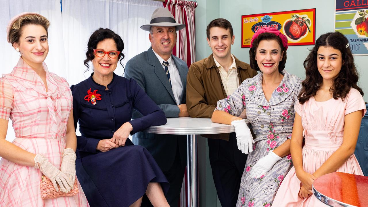 Annabel Crabb with The Ferrones family in ABC documentary Back In Time for the Corner Shop.