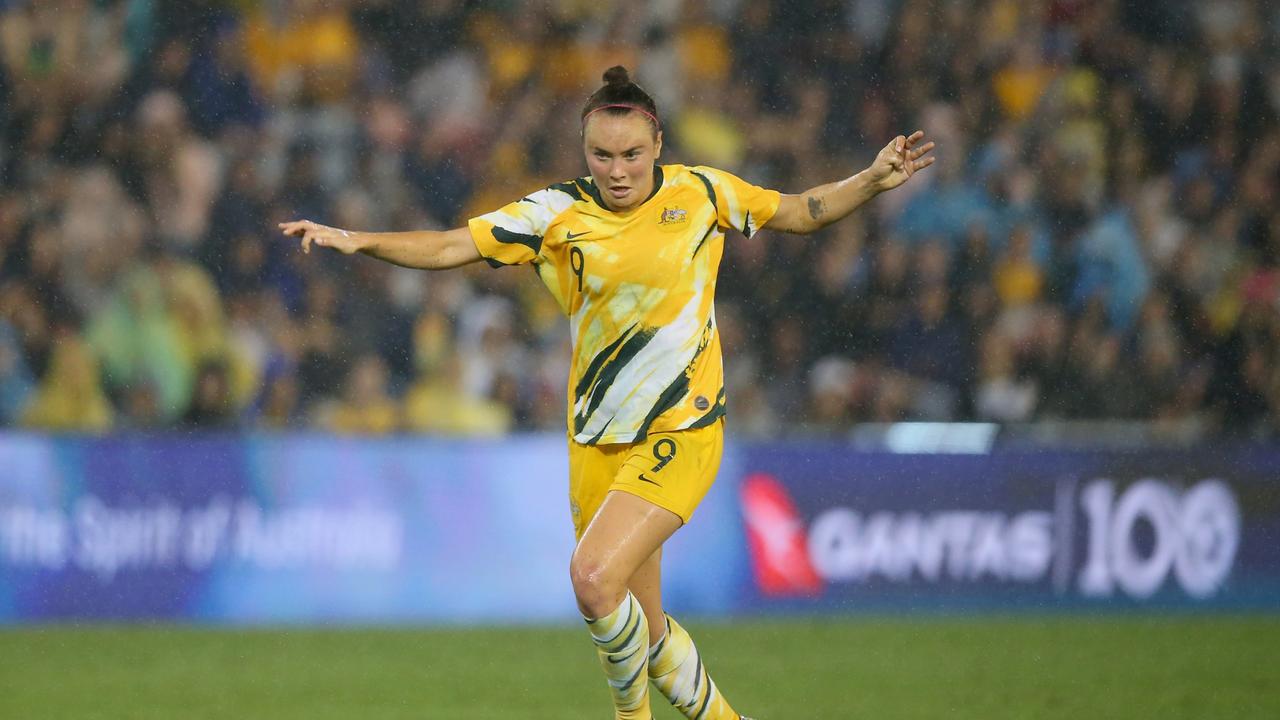 NEWCASTLE, AUSTRALIA - MARCH 06: Caitlin Foord of the Australian Matildas in action during the Women's Olympic Football Tournament Play-Off match between the Australian Matildas and Vietnam at McDonald Jones Stadium on March 06, 2020 in Newcastle, Australia. (Photo by Ashley Feder/Getty Images)