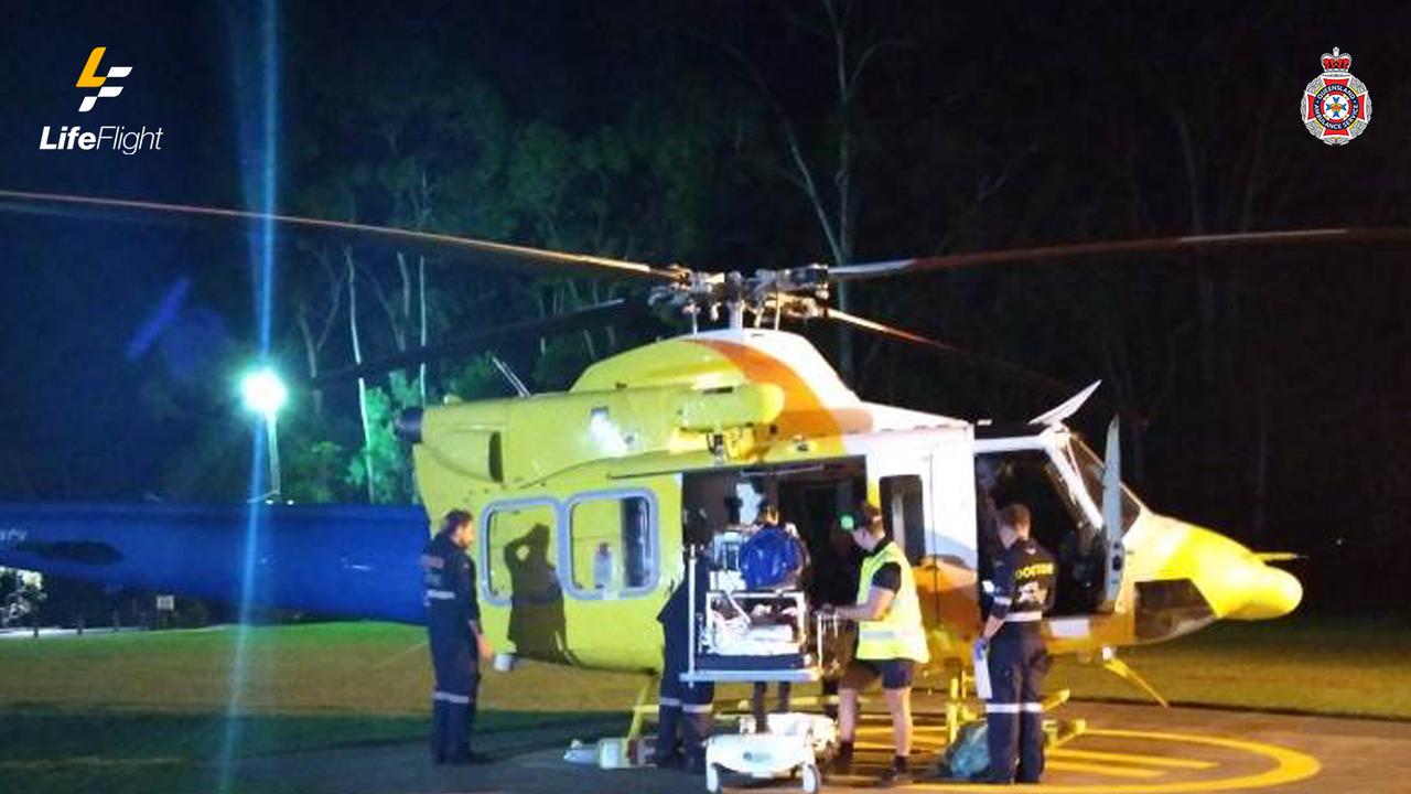 Yarren being loaded into the LifeFlight helicopter at Noosa Private Hospital heading to Sunshine Coast University Hospital. Picture: LifeFlight.