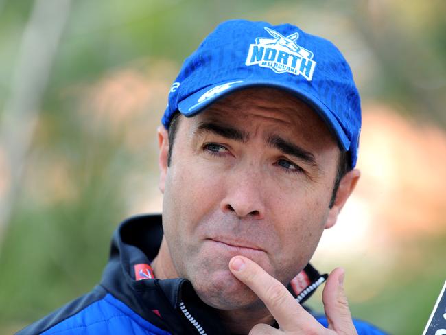 Kangaroos coach Brad Scott speaks at a press conference before the team's training session, Thursday, April 20, 2017. The Kangaroos will take on Fremantle in the round 5 of the AFL season. (AAP Image/Joe Castro) NO ARCHIVING