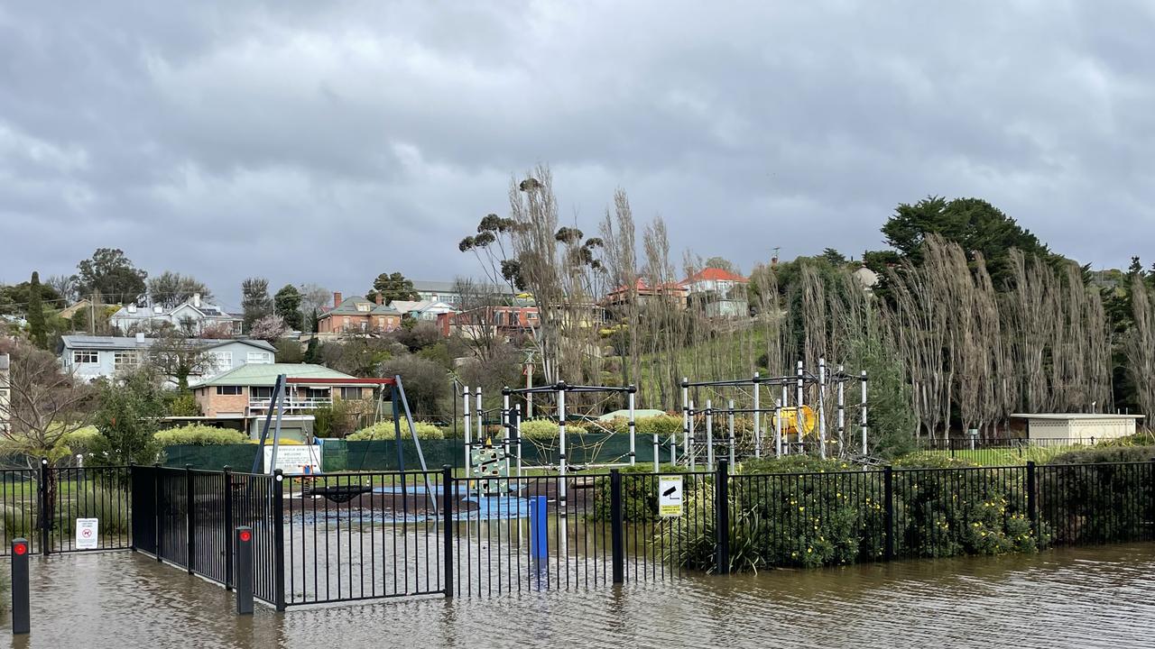 A flooded playground in New Norfolk. Picture: Genevieve Holding