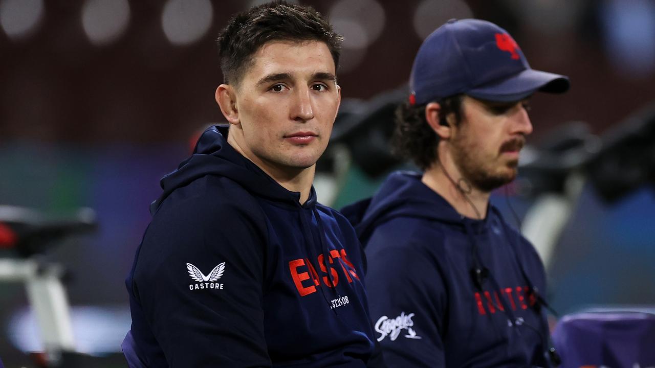 Injured Rooster Victor Radley of the Roosters watches on from the bench during the round 14 NRL match between the Sydney Roosters and the Melbourne Storm at Sydney Cricket Ground, on June 11, 2022, in Sydney, Australia. (Photo by Mark Kolbe/Getty Images)