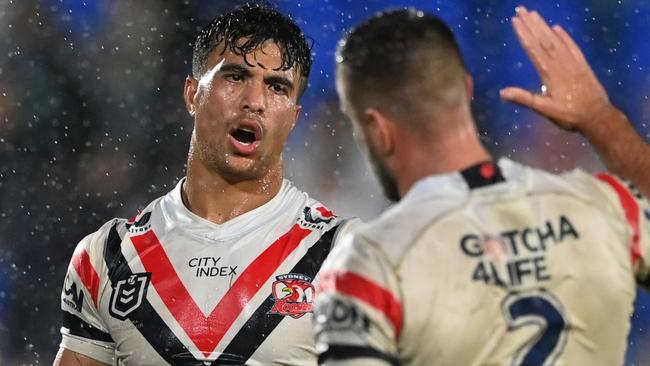 Corey Allan and Joseph-Aukuso Suaalii celebrate after winning the round nine NRL match between New Zealand Warriors and Sydney Roosters at Mt Smart Stadium on April 30, 2023 in Auckland, New Zealand. (Photo by Hannah Peters/Getty Images)