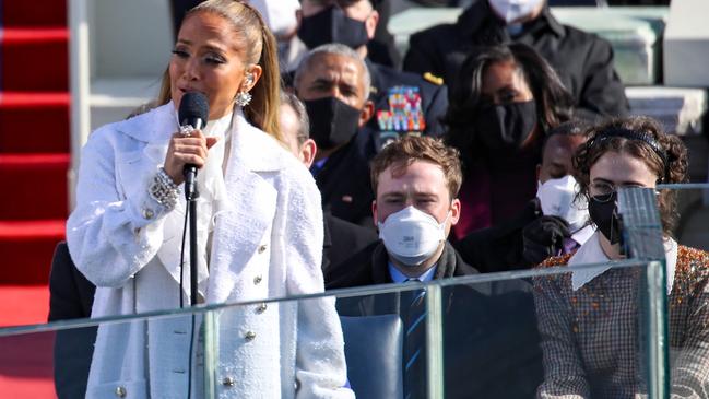 Jennifer Lopez sings during the inauguration of President Joe Biden on the West Front of the U.S. Capitol. Picture: Getty Images.