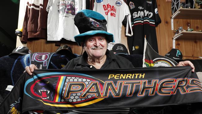 Panthers super fan Wayne Cook pictured at his South Windsor home with his Panthers memorabilia. Picture: Jonathan Ng