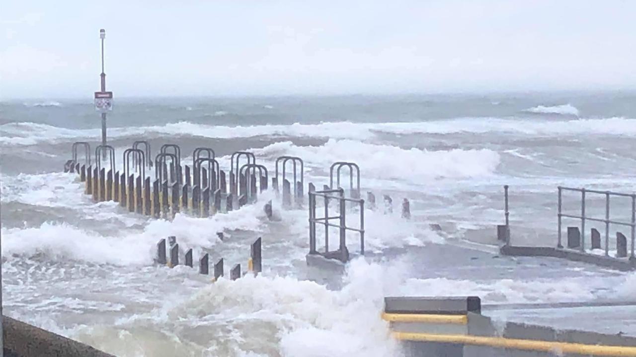 Part of the Frankston Pier has broken off in the wild weather this morning. Photos: Sarah Maree Facebook