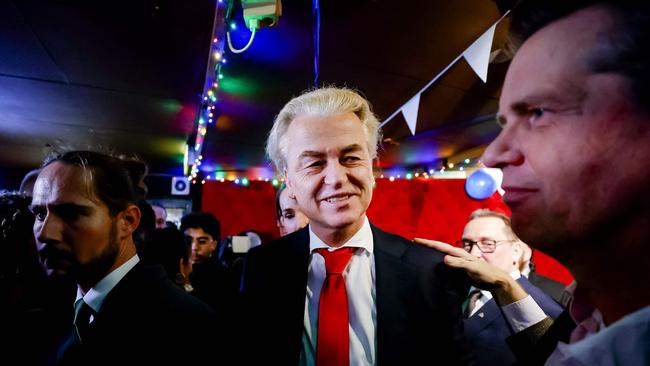 TOPSHOT – PVV leader Geert Wilders reacts to the results of the House of Representatives elections in Scheveningen, the Netherlands, 22 November 2023. The far-right, anti-Islam party of firebrand politician Geert Wilders has won a stunning victory in the Dutch election, partial results showed Wednesday, a political bombshell that will resound in Europe and around the world. (Photo by Remko de Waal / ANP / AFP) / Netherlands OUT – Belgium OUT