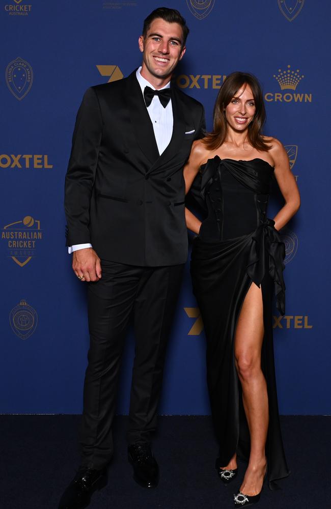 Becky Cummins wore a satin dress with a daring split for the occasion.Picture: Morgan Hancock/Getty Images for Cricket Australia