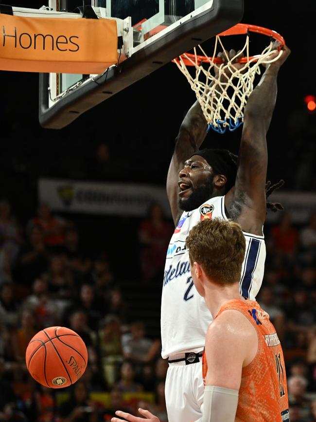 CAIRNS, AUSTRALIA - SEPTEMBER 28: Montrezl Harrell of the 36ers dunks the ball during the round two NBL match between Cairns Taipans and Adelaide 36ers at Cairns Convention Centre, on September 28, 2024, in Cairns, Australia. (Photo by Emily Barker/Getty Images)