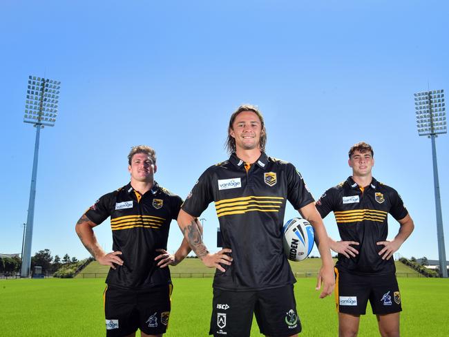 Melbourne Storm-contracted Falcons players Darryn Schonig, Nicho Hynes and Trent Loiero at Sunshine Coast Stadium.  Photo: John McCutcheon / Sunshine Coast Daily