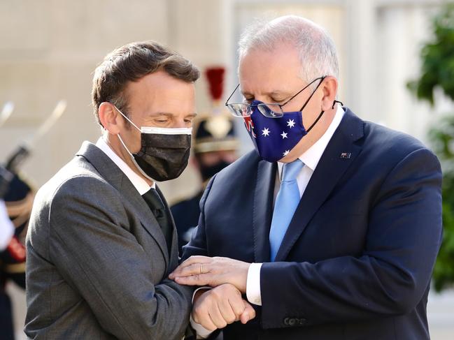 Australian Prime Minister Scott Morrison holds a Joint Media Conference with HE Mr Emmanuel Macron, President of the French Republic and then is a guest at a working dinner at the Presidential Palace in France on Tuesday, June 15, 2021. Picture: Adam Taylor/PMO