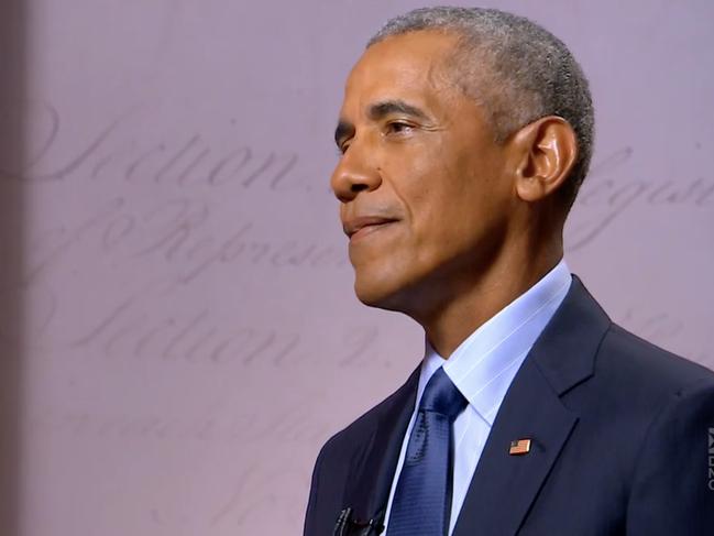 Former US President Barack Obama speaking from Philadelphia, Pennsylvania, during the third day of the convention. Picture: AFP