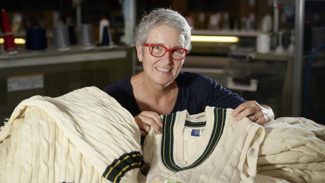 Silver Fleece owner Cathy Barton with the vest that her company made for the Australian cricket team. Picture: Bianca De Marchi