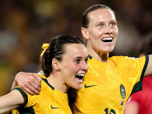 SYDNEY, AUSTRALIA - AUGUST 07: Hayley Raso of Australia celebrates her goal with Emily van Egmond of Australia during the Women's World Cup round of 16 football match between the Australia Matildas and Denmark at Stadium Australia on August 07, 2023 in Sydney, Australia.  (Photo by Damian Briggs/Speed Media/Icon Sportswire via Getty Images)