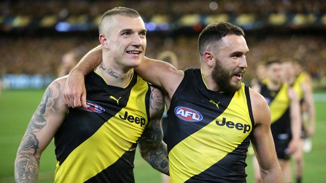 Richmond's Dustin Martin and Shane Edwards after winning the 2017 AFL Grand Final. Picture: Michael Klein