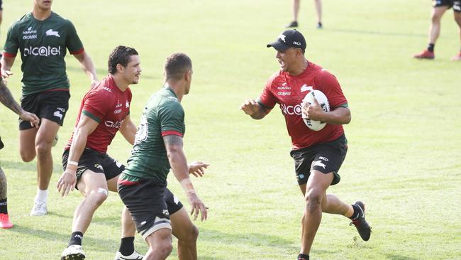 Latrell takes on new teammate James Roberts at Redfern Oval. Picture: Dylan Robinson