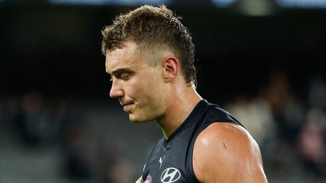 MELBOURNE, AUSTRALIA - APRIL 13: Patrick Cripps of the Blues looks dejected after a loss during the 2024 AFL Round 05 match between the Carlton Blues and the Adelaide Crows at Marvel Stadium on April 13, 2024 in Melbourne, Australia. (Photo by Dylan Burns/AFL Photos via Getty Images)