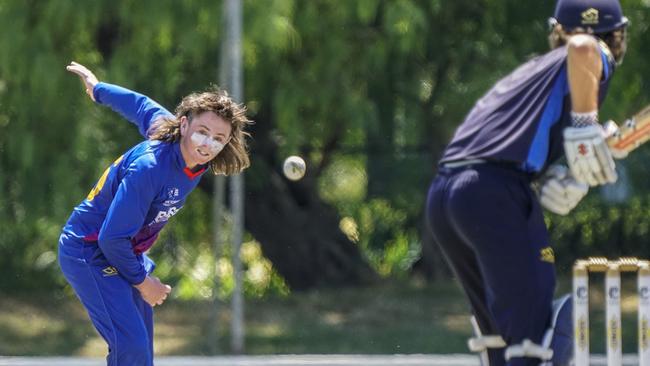 Dowling Shield cricket: Prahran v Frankston Peninsula. Sam Gove bowling for Frankston Peninsula.  Picture: Valeriu Campan