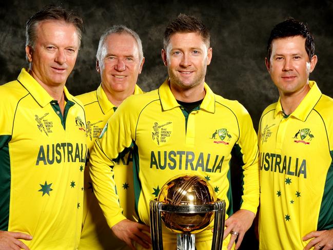 FOR USE IN SUNDAY PAPERS FEB 8th 2015 .Australian World Cup Cricket Captains Steve Waugh , Allan Border, Michael Clarke and Ricky Ponting .Picture Gregg Porteous