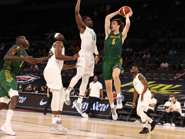 Josh Giddey in action for the Australia Men's National Team during a pre-Olympic tournament in Las Vegas. Picture: Stephen Gosling/NBAE via Getty Images