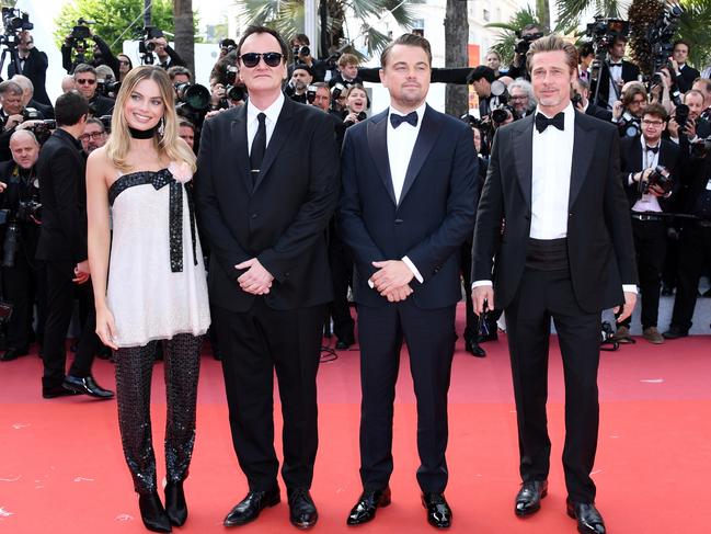 Margot Robbie, Quentin Tarantino, Leonardo DiCaprio and Brad Pitt. Picture: WireImage