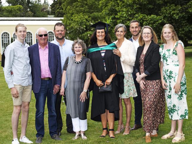 Cameron Owen, Leigh Hancock, Marc Owen, Kate Kirk, Simone Owen, Danielle Hancock, Tim Hancock, Nicole Hancock and Jessica Owen at the UTAS Graduation at Launceston. PICTURE CHRIS KIDD