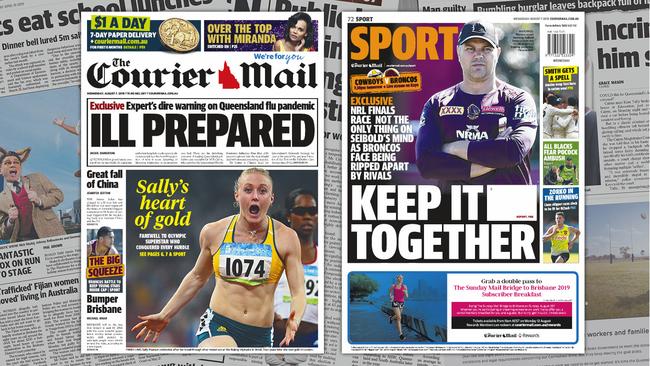 The front and back pages of The Courier-Mail on August 7, 2019.