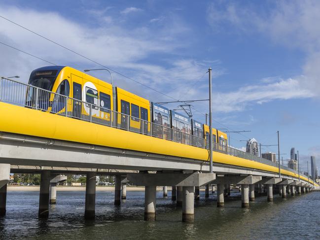 A Gold Coast tram crosses a bridge at Southport.