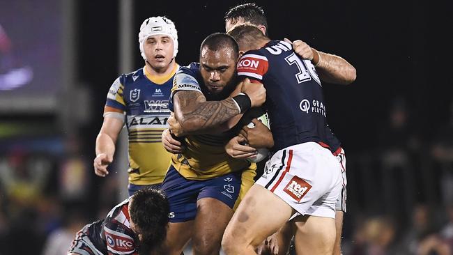 Eels prop Junior Paulo on the charge against the Roosters. Picture: Albert Perez/Getty Images