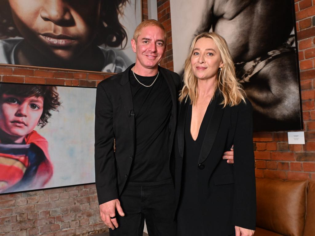 Vincent Fantauzzo with Asher Keddie at the opening of his gallery. Picture: Tony Gough