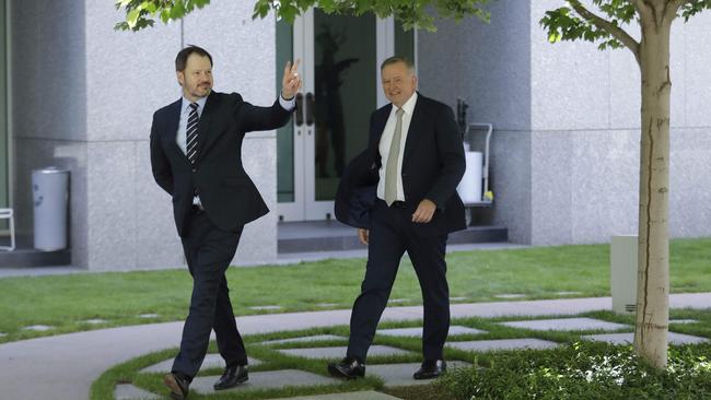 Labor leader Anthony Albanese, right, with Ed Husic, the party’s new agriculture and resources spokesman, at Parliament House in Canberra on Tuesday. Picture: Sean Davey.