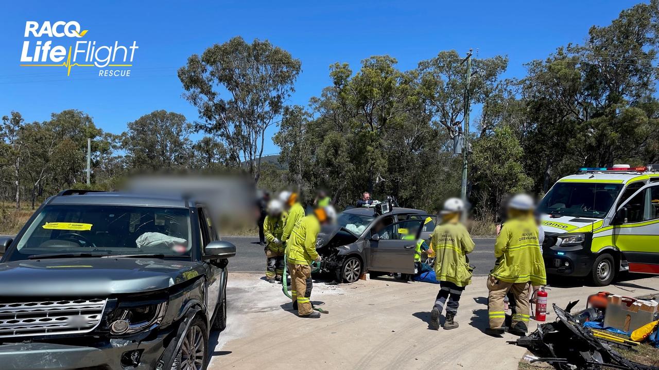 The Bundaberg based RACQ LifeFlight Rescue airlifted a woman to Bundaberg Hospital after a head-on crash on Friday morning.
