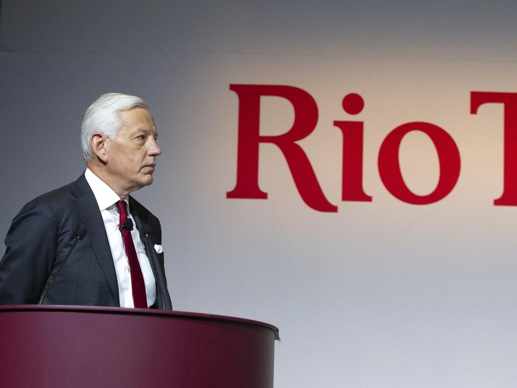 Rio Tinto chairman Dominic Barton speaking at the company's 2023 annual shareholder meeting in Perth.