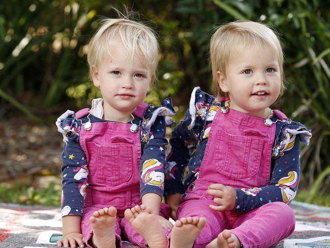 Twins Pippa and Gemma Davis, 2, posing at their home on The Sunshine Coast, 20th of August 2020.  (Image/Josh Woning)