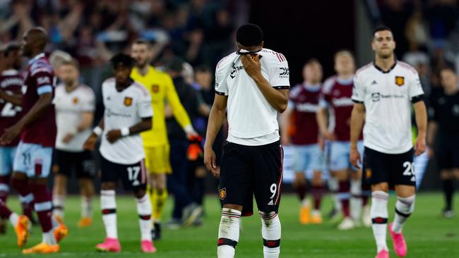 Manchester United's French striker Anthony Martial reacts at the end of the Premier League match against West Ham. (Photo by Ian Kington/AFP)